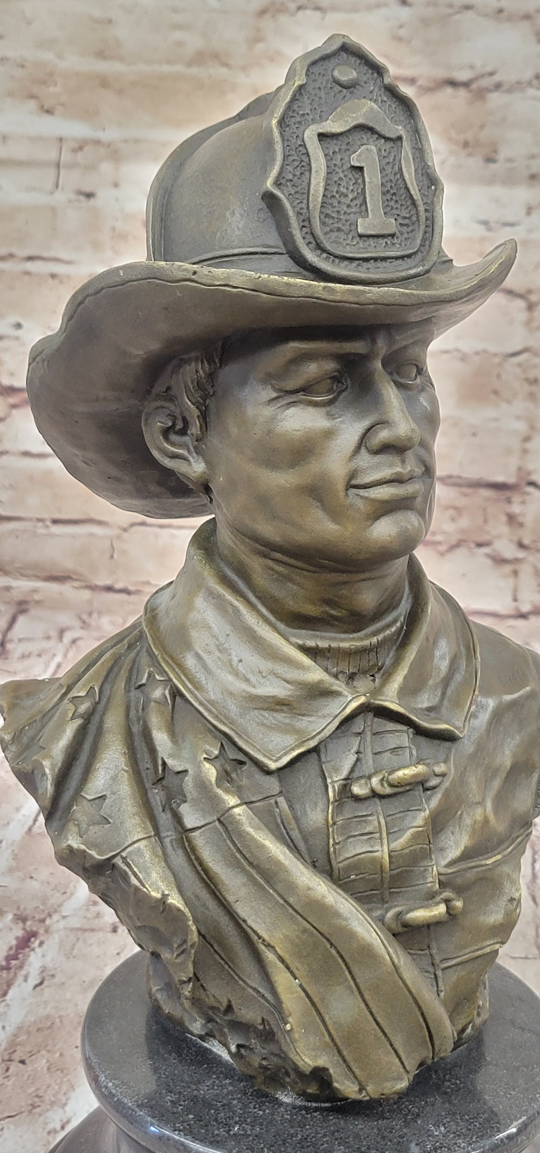 Firefighter Fireman Bronze Metal Bust on Marble Base