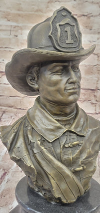 Firefighter Fireman Bronze Metal Bust on Marble Base