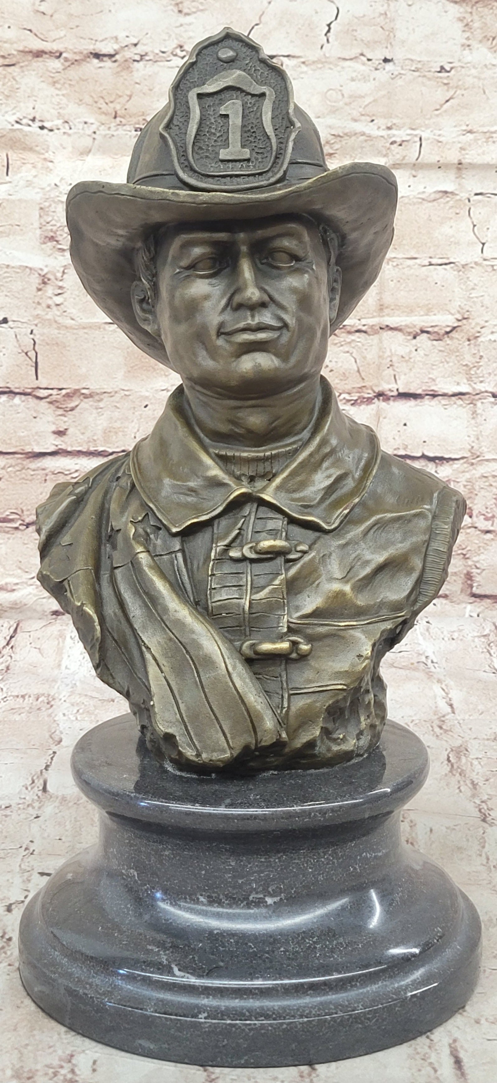 Firefighter Fireman Bronze Metal Bust on Marble Base