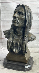 Native American Indian Old Man Weathered Face Bronze Bust