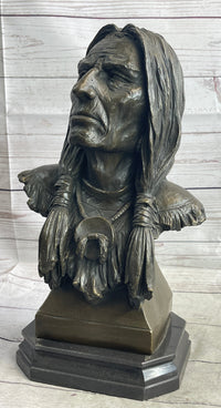 Native American Indian Old Man Weathered Face Bronze Bust