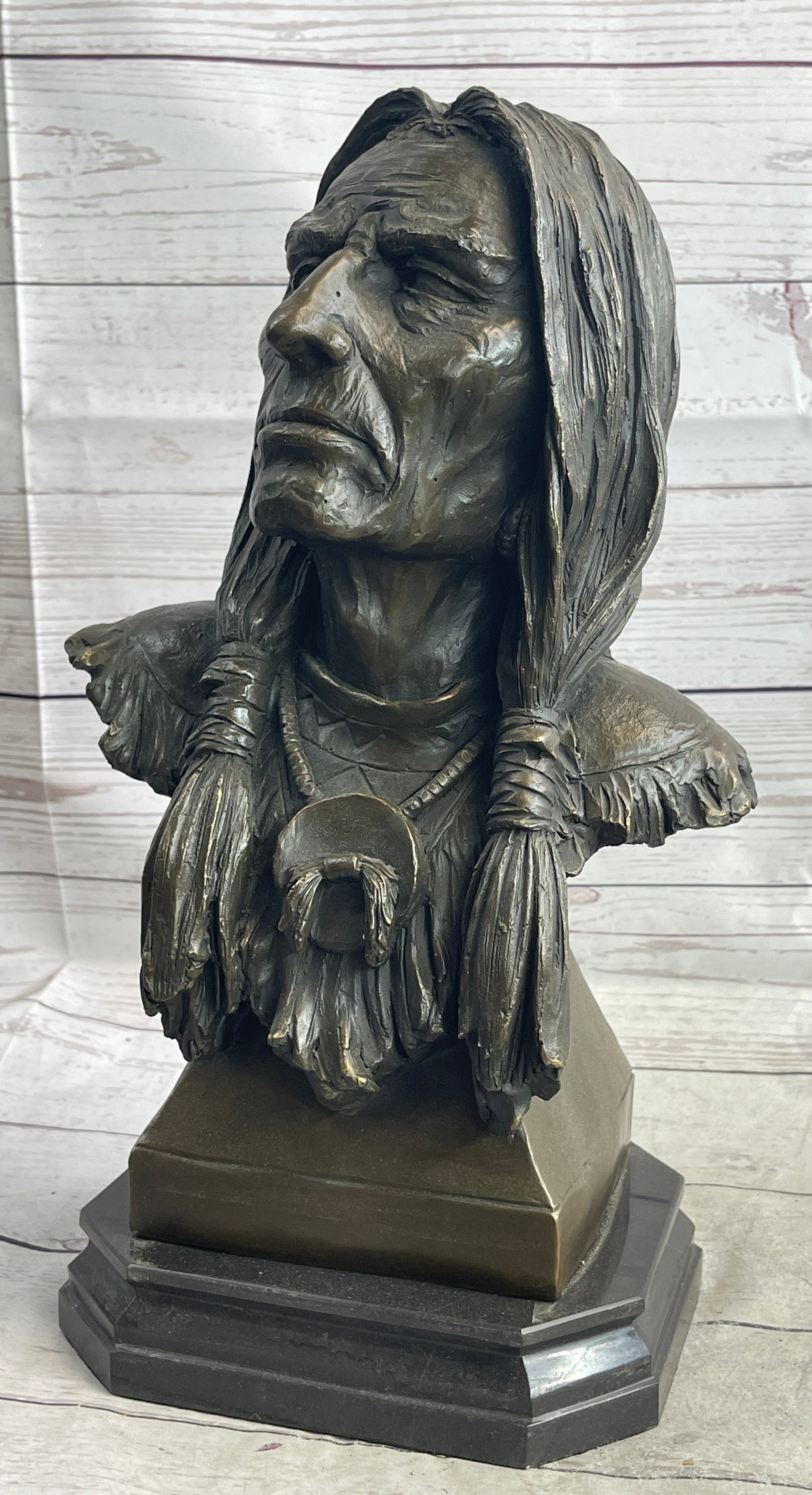 Native American Indian Old Man Weathered Face Bronze Bust