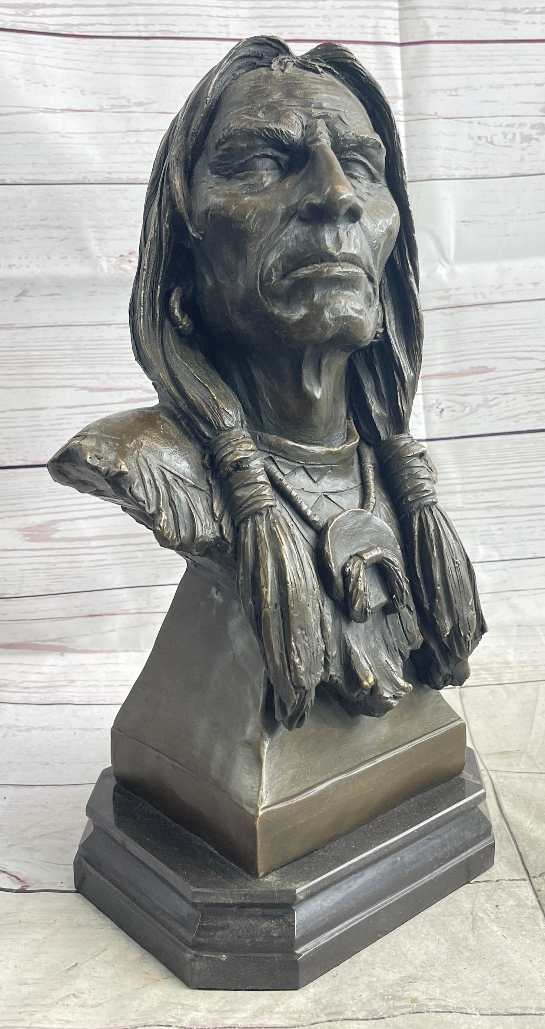 Native American Indian Old Man Weathered Face Bronze Bust