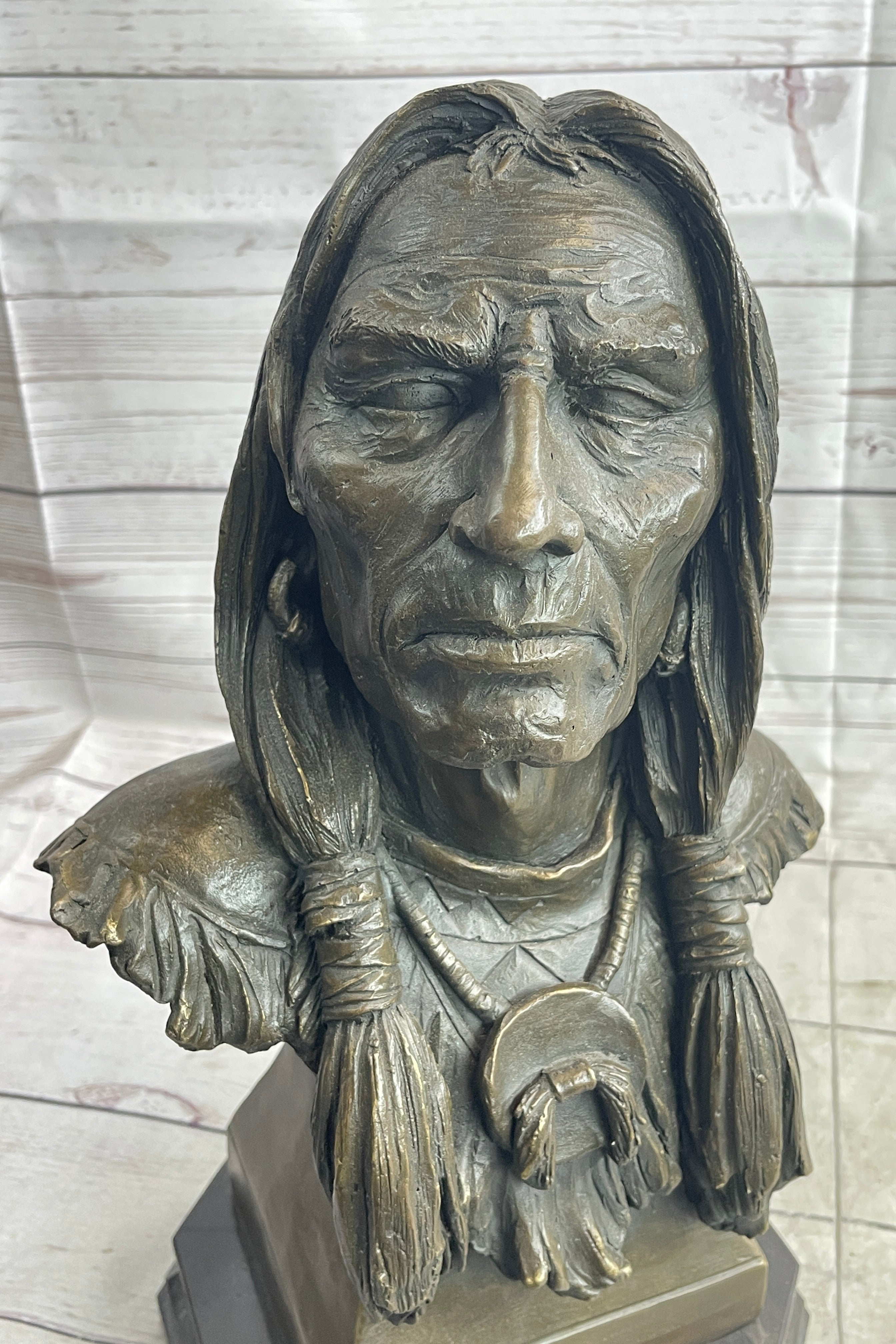 Native American Indian Old Man Weathered Face Bronze Bust