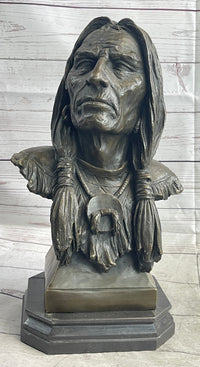 Native American Indian Old Man Weathered Face Bronze Bust