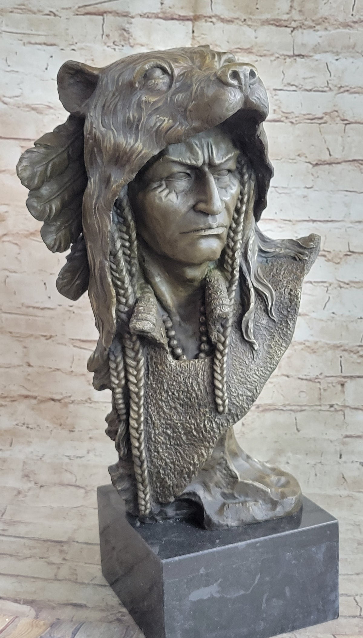 Native American Chief Warrior Bear Headdress Bronze by Milo