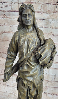 Indian Chief With Shield & Gun Full Headdress Bronze 22''