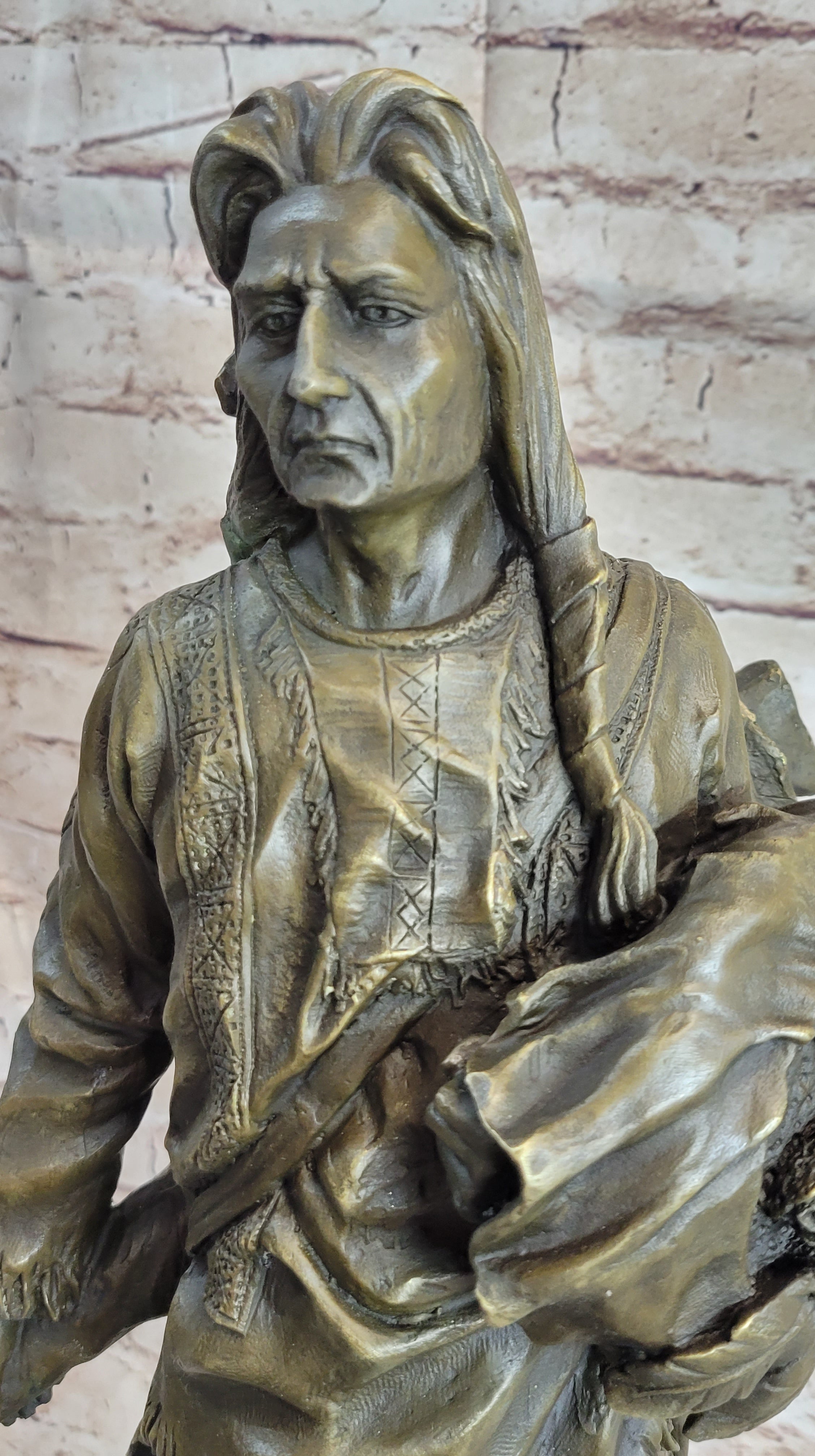 Indian Chief With Shield & Gun Full Headdress Bronze 22''