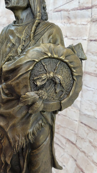 Indian Chief With Shield & Gun Full Headdress Bronze 22''