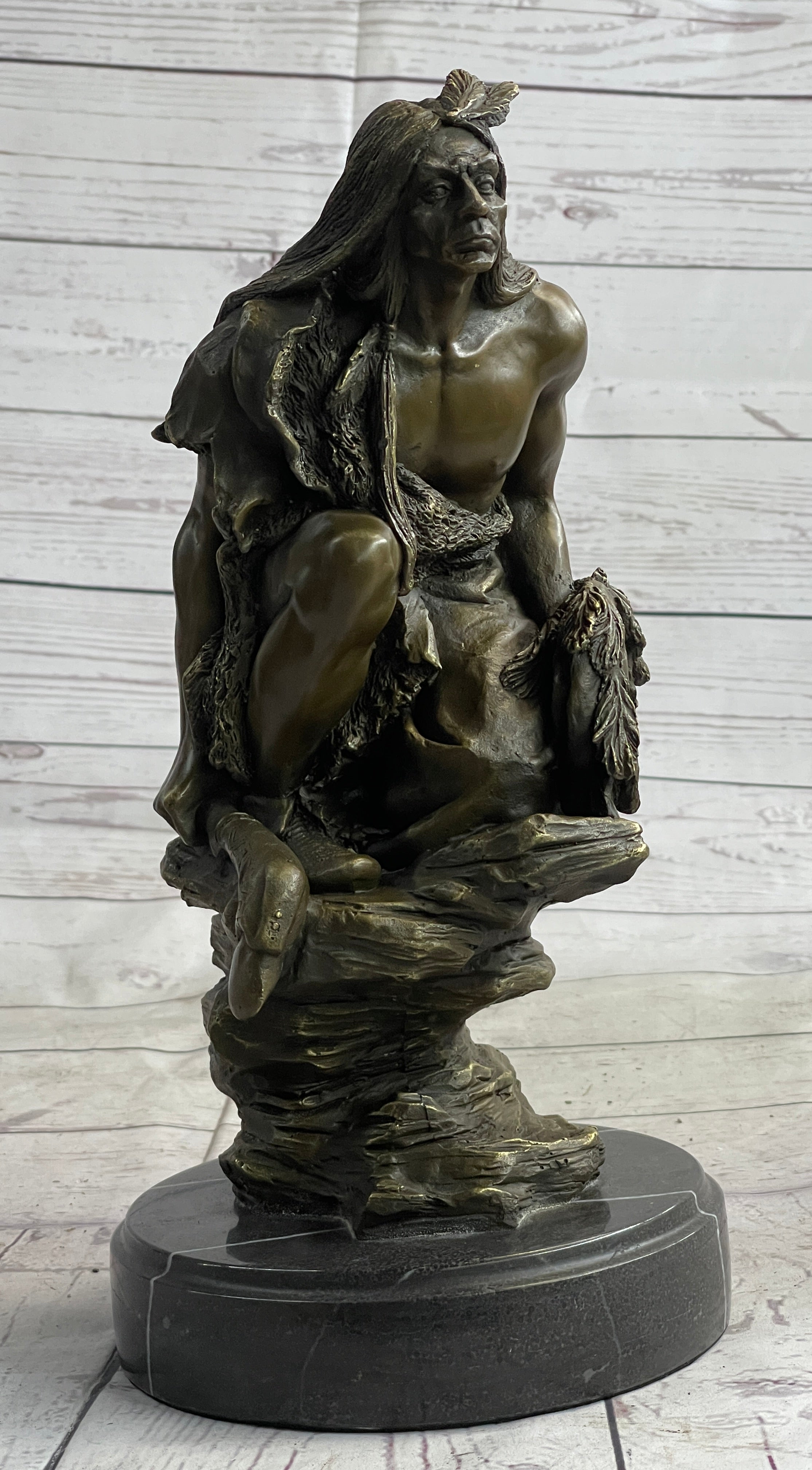 Native American Indian Warrior Squatting on Rock Bronze Sculpture