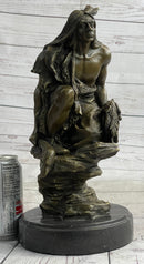 Native American Indian Warrior Squatting on Rock Bronze Sculpture