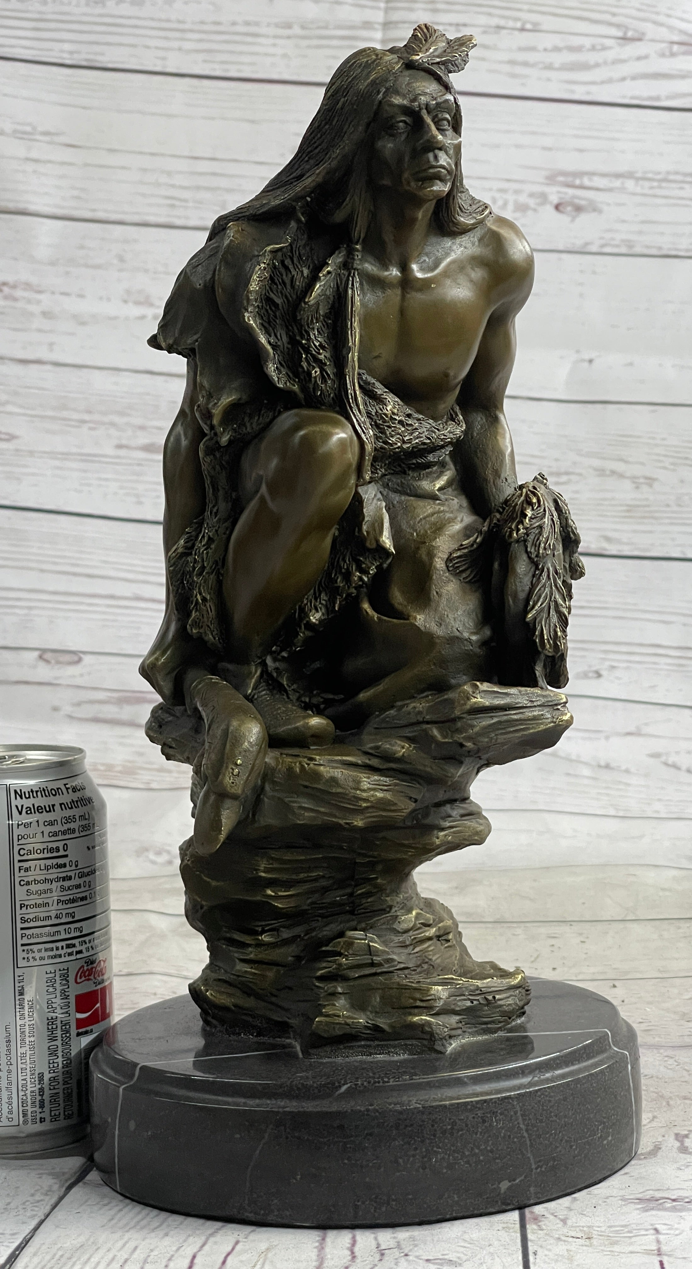 Native American Indian Warrior Squatting on Rock Bronze Sculpture