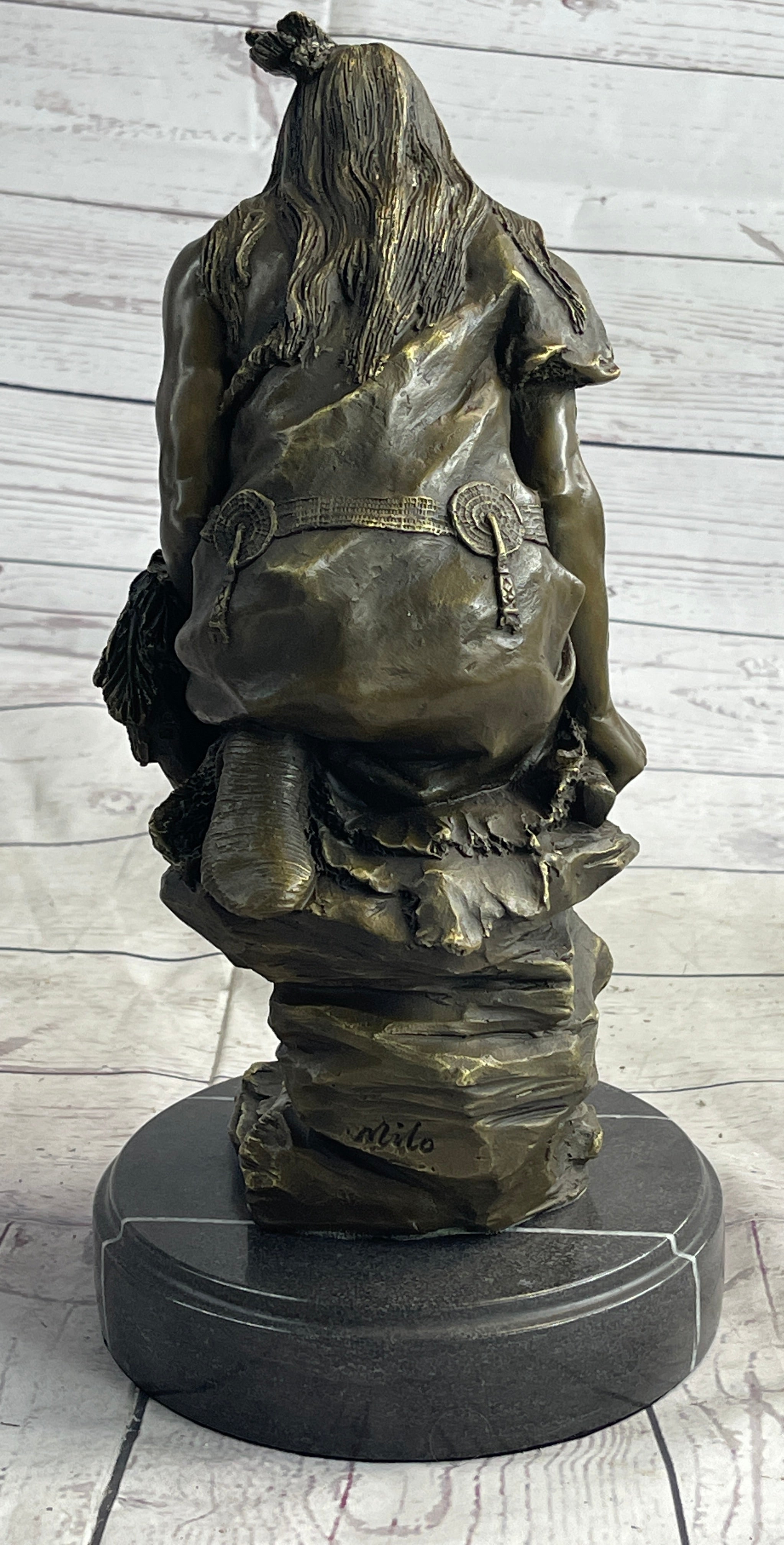 Native American Indian Warrior Squatting on Rock Bronze Sculpture