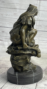 Native American Indian Warrior Squatting on Rock Bronze Sculpture