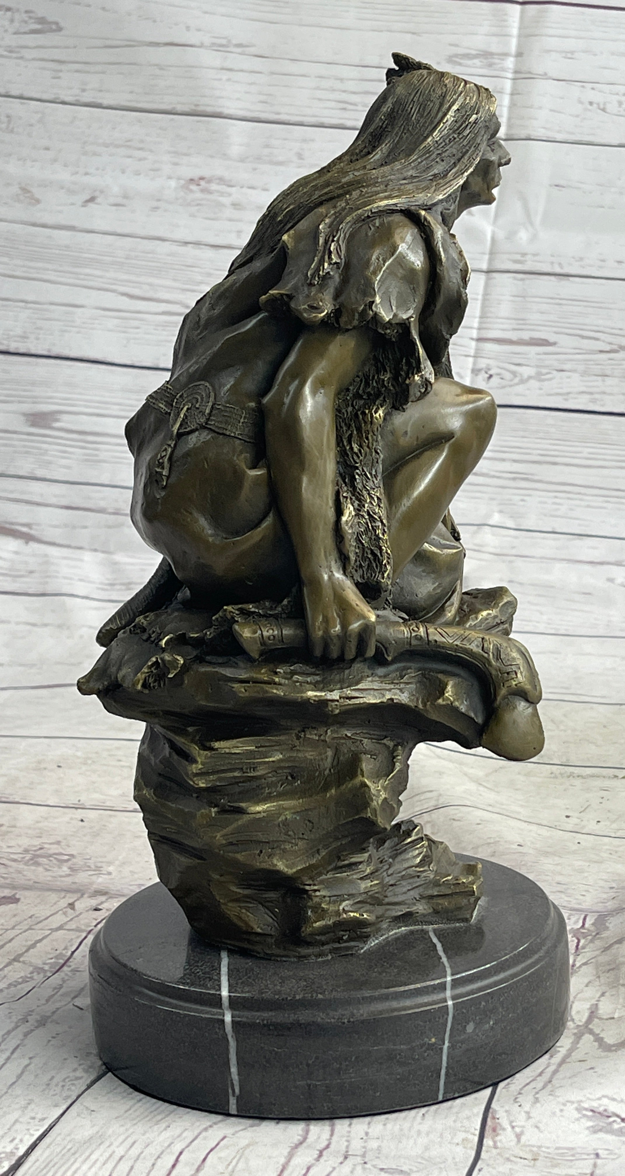 Native American Indian Warrior Squatting on Rock Bronze Sculpture