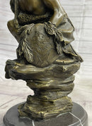 Native American Indian Warrior Squatting on Rock Bronze Sculpture