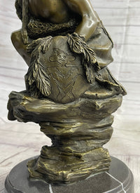 Native American Indian Warrior Squatting on Rock Bronze Sculpture