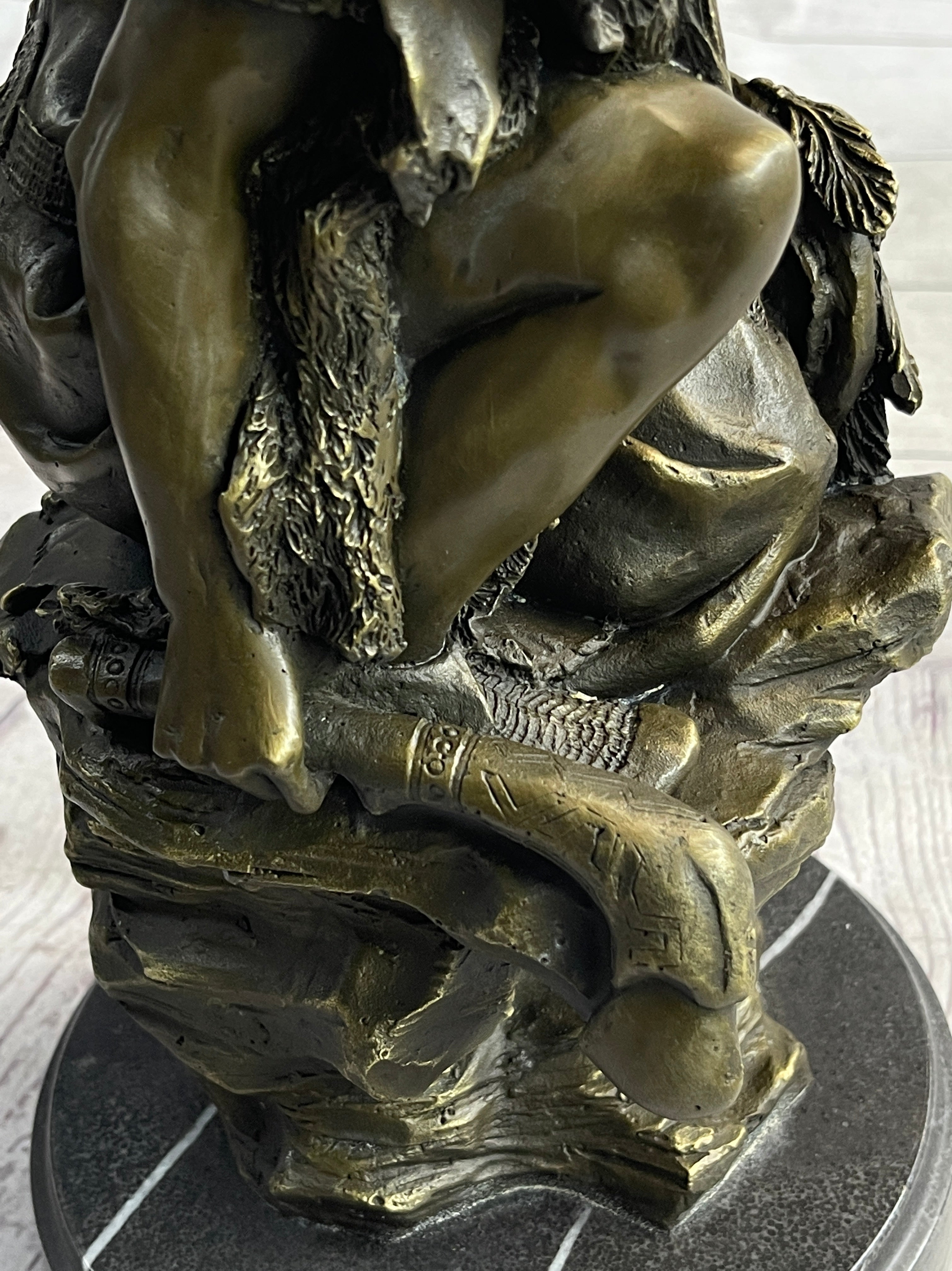 Native American Indian Warrior Squatting on Rock Bronze Sculpture