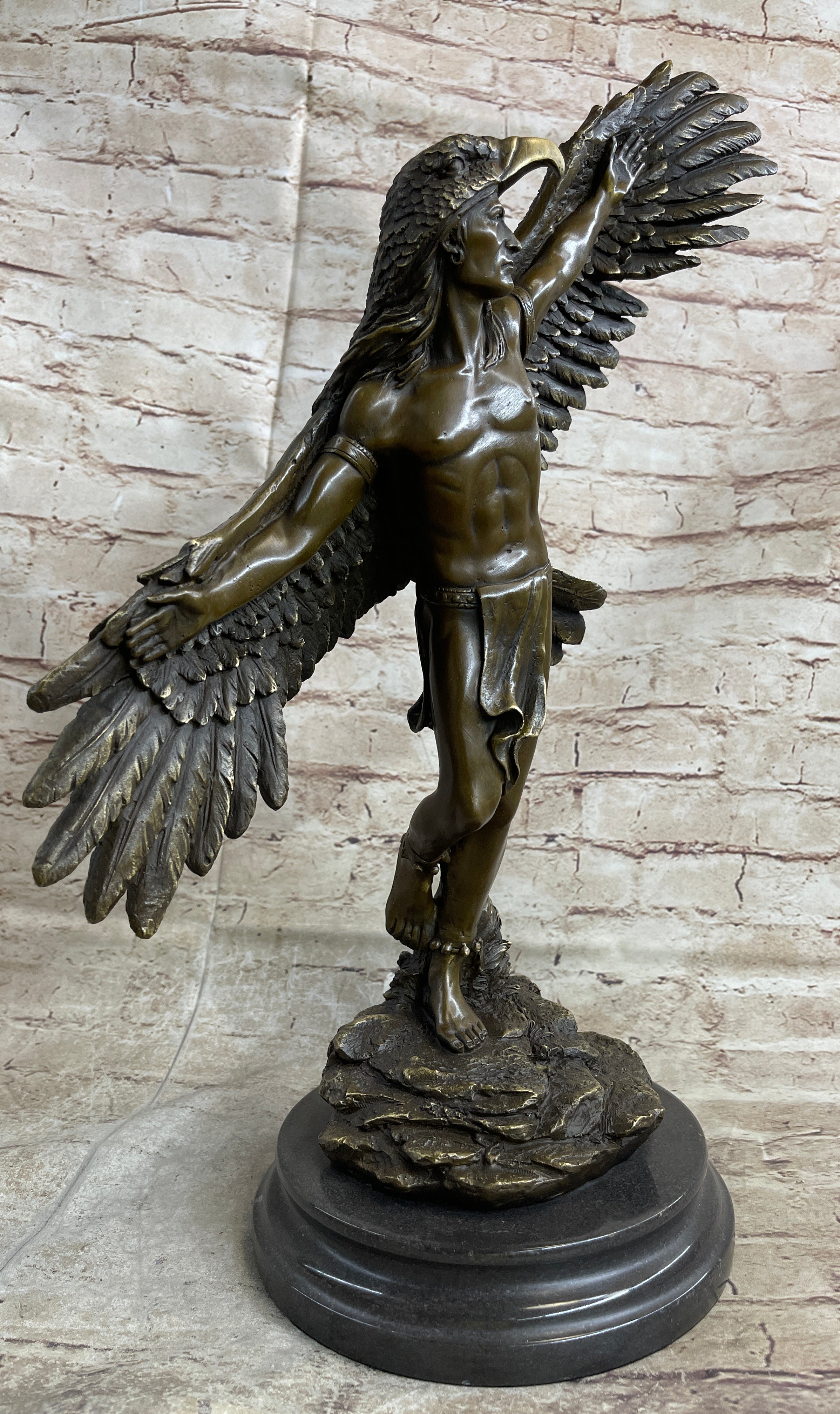 Winged Native American Indian Eagle Shaman Bronze Marble Base