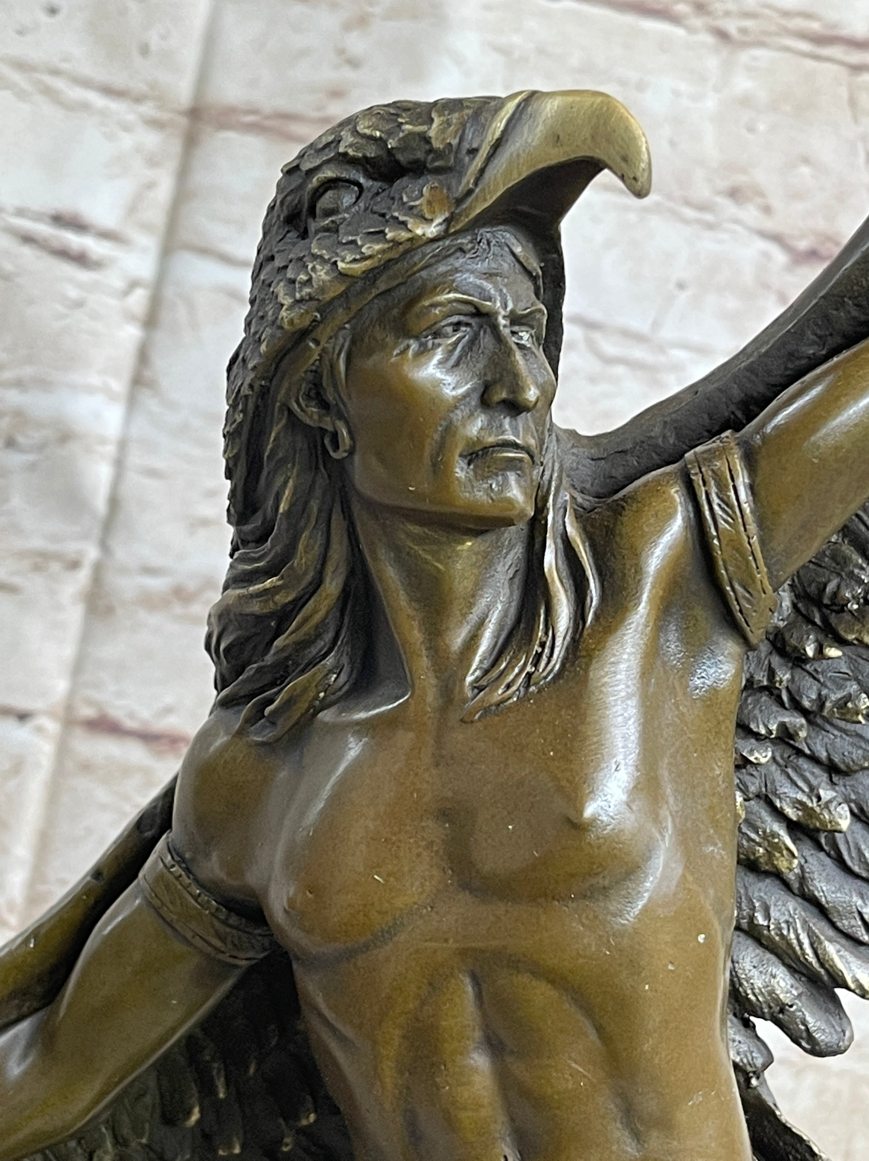 Winged Native American Indian Eagle Shaman Bronze Marble Base