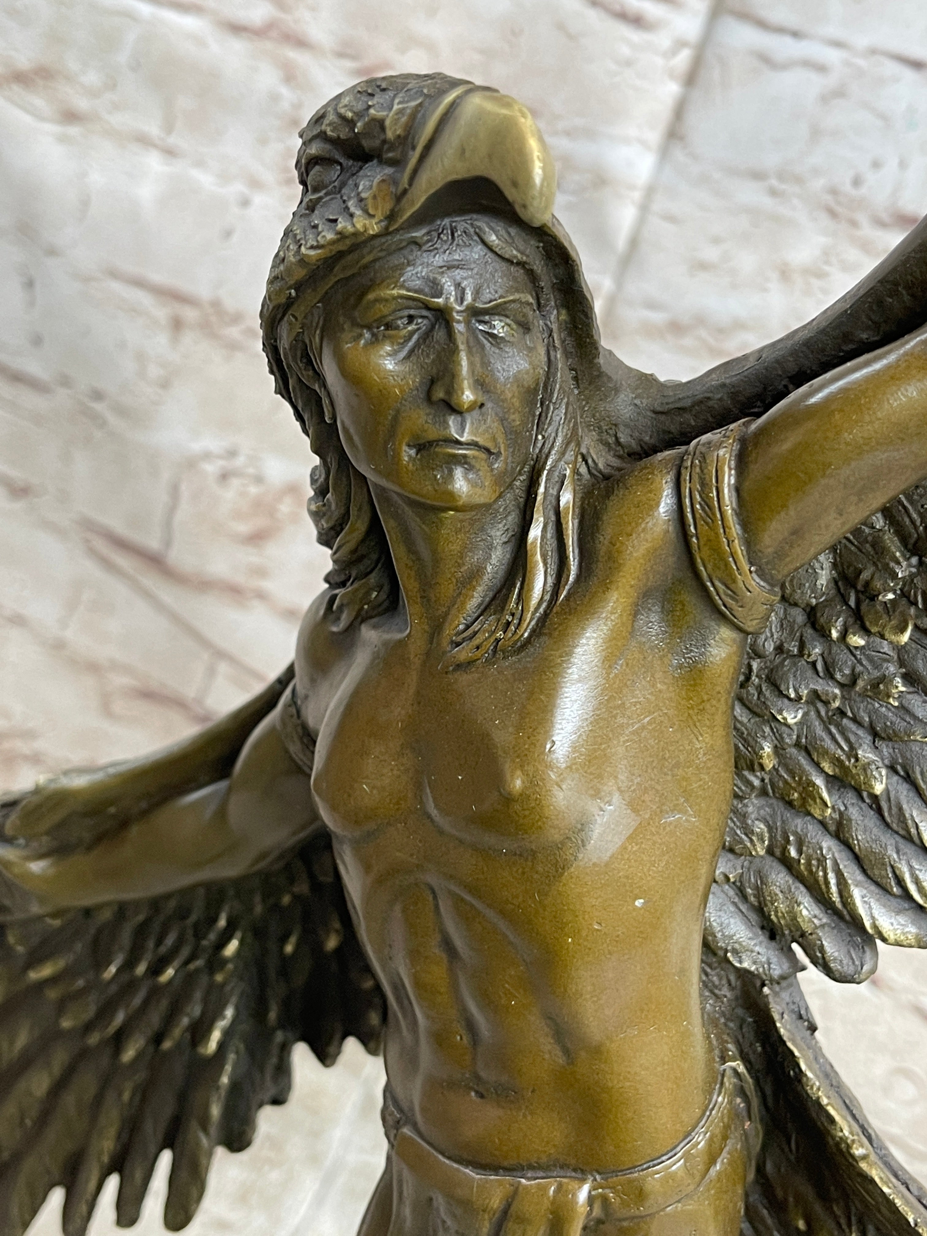 Winged Native American Indian Eagle Shaman Bronze Marble Base