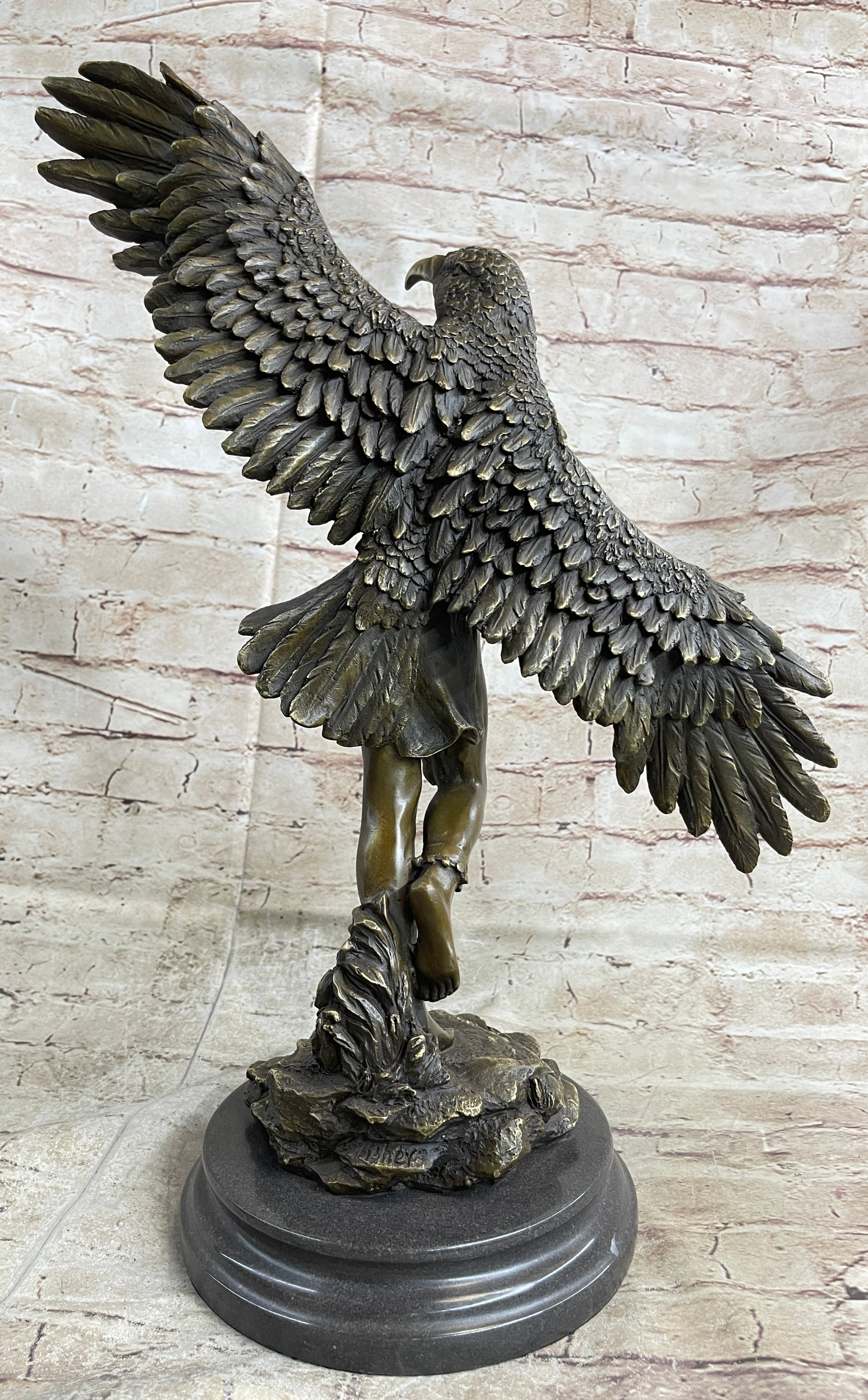 Winged Native American Indian Eagle Shaman Bronze Marble Base