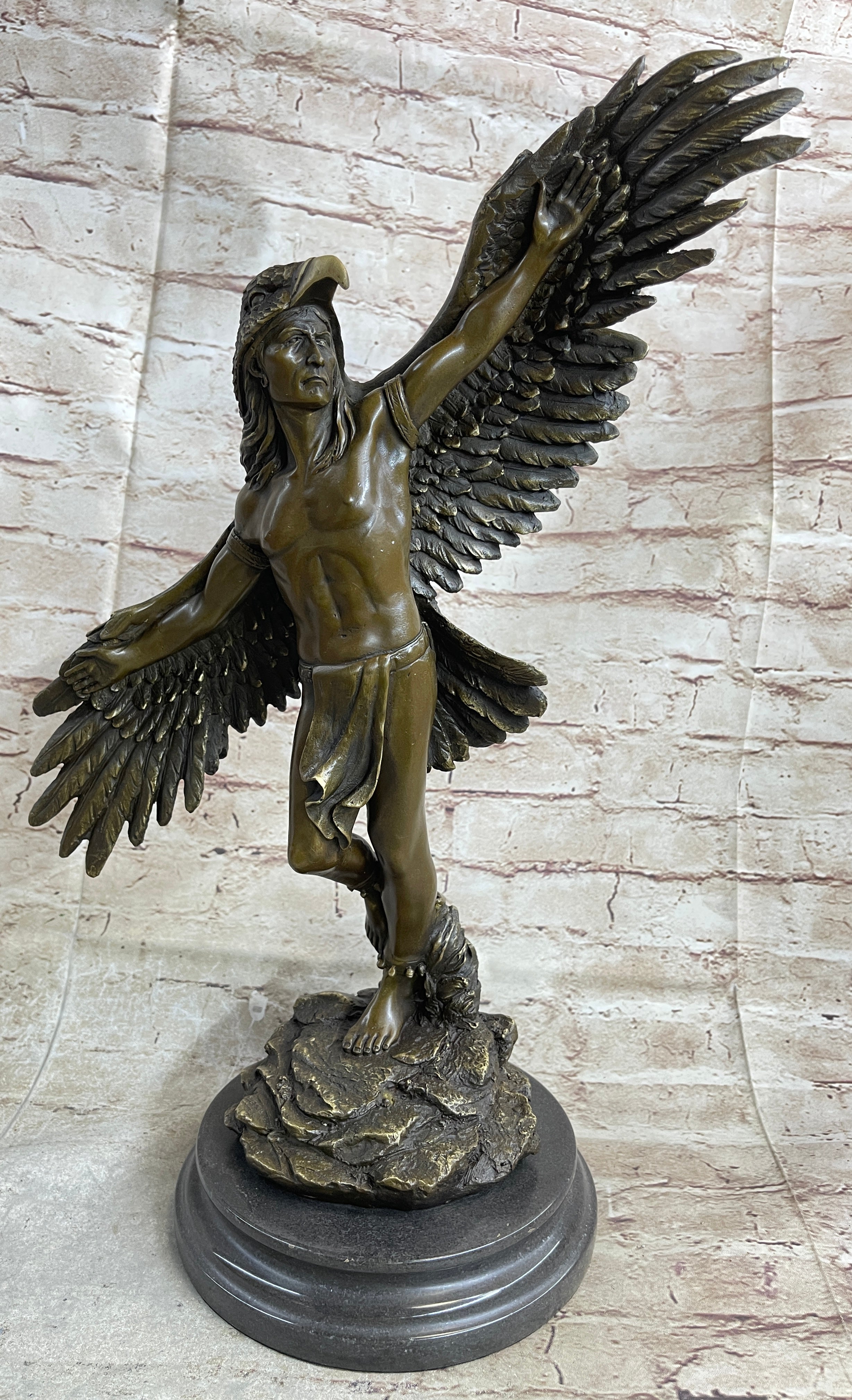 Winged Native American Indian Eagle Shaman Bronze Marble Base