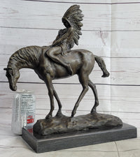 Native American Indian on Horseback Bronze Sculpture on Marble Base