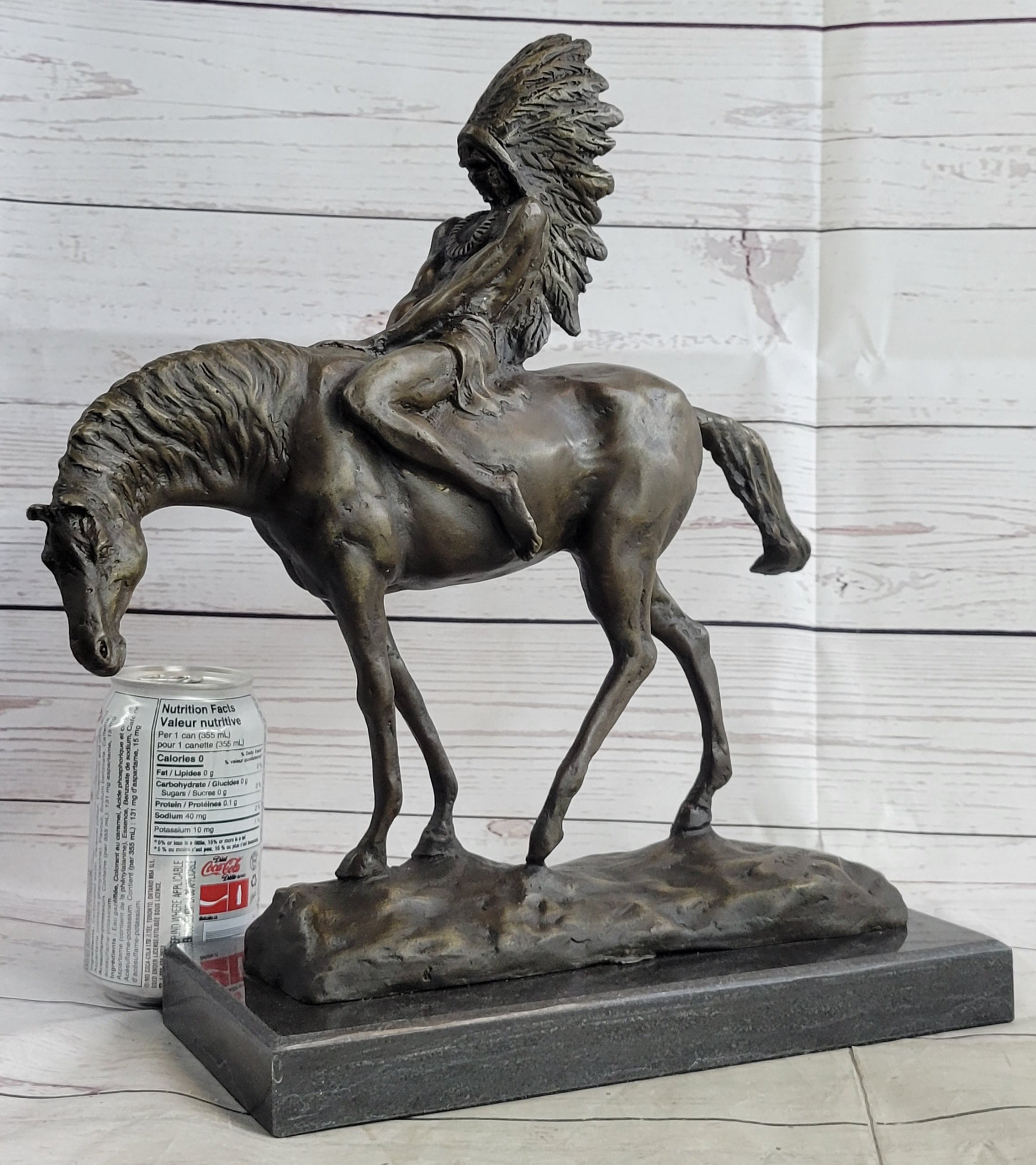Native American Indian on Horseback Bronze Sculpture on Marble Base