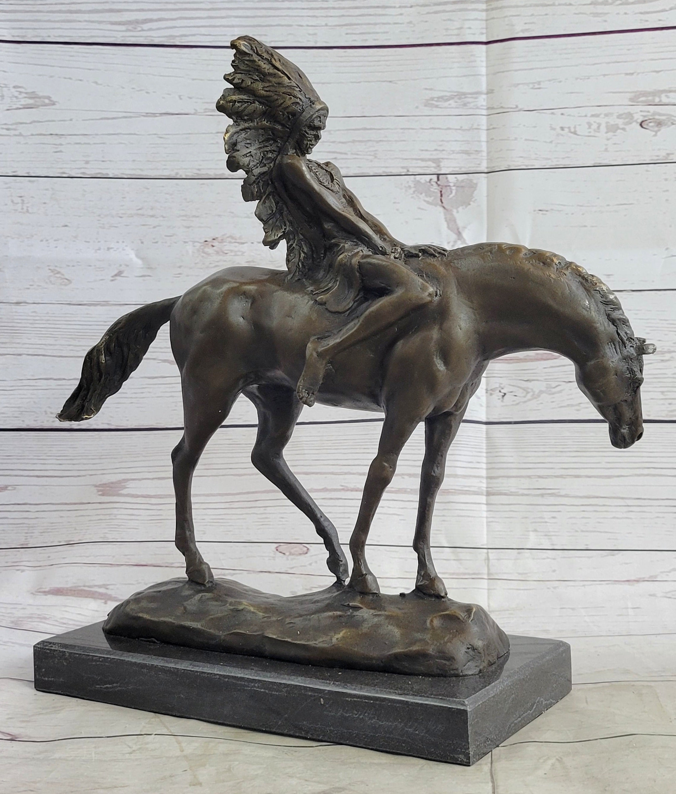 Native American Indian on Horseback Bronze Sculpture on Marble Base