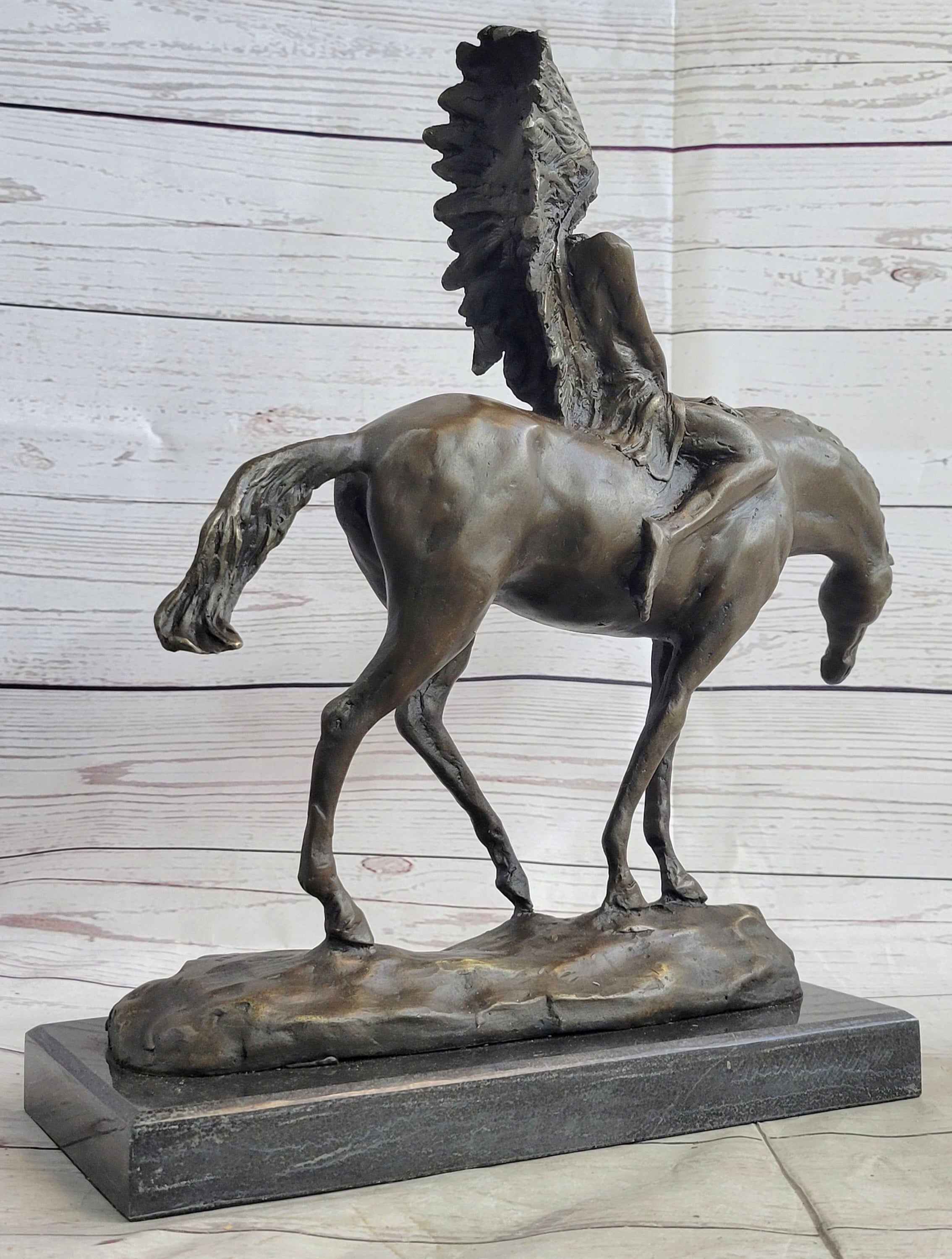 Native American Indian on Horseback Bronze Sculpture on Marble Base