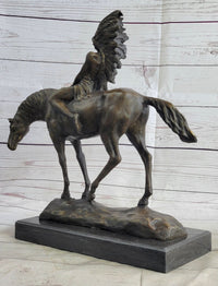Native American Indian on Horseback Bronze Sculpture on Marble Base