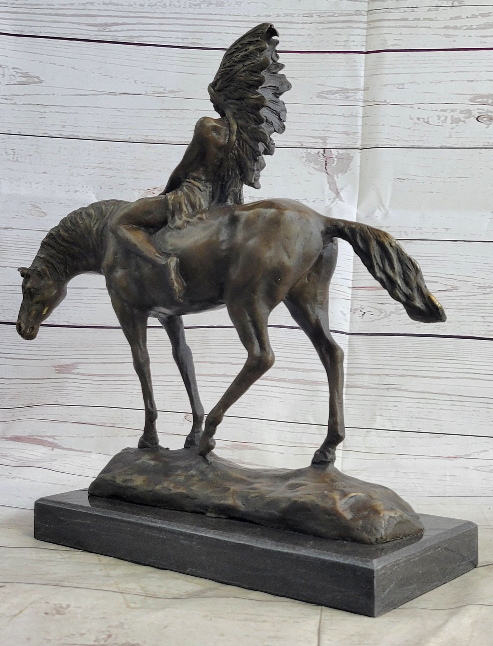 Native American Indian on Horseback Bronze Sculpture on Marble Base