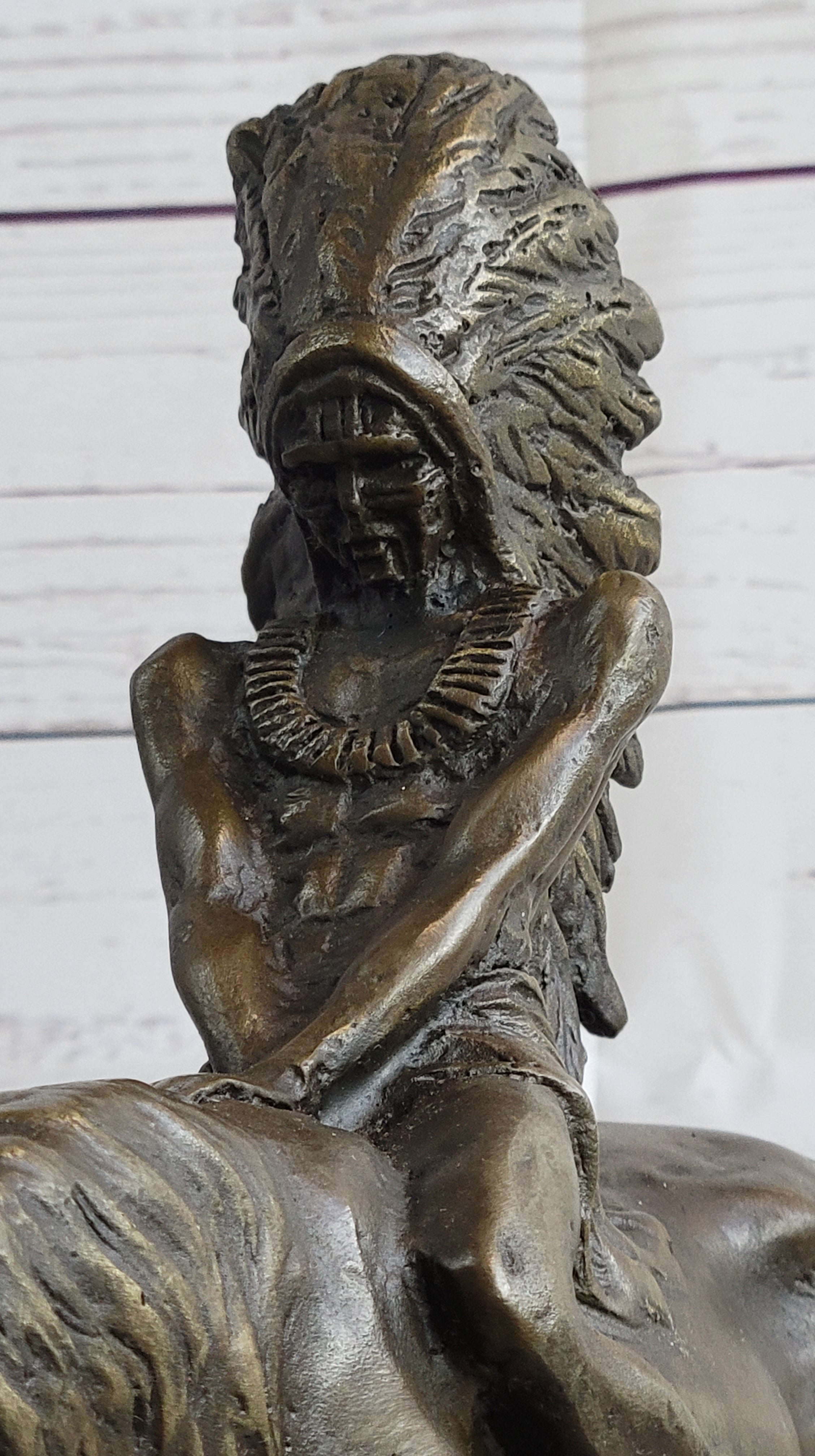 Native American Indian on Horseback Bronze Sculpture on Marble Base