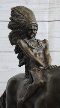 Native American Indian on Horseback Bronze Sculpture on Marble Base