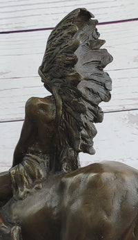 Native American Indian on Horseback Bronze Sculpture on Marble Base