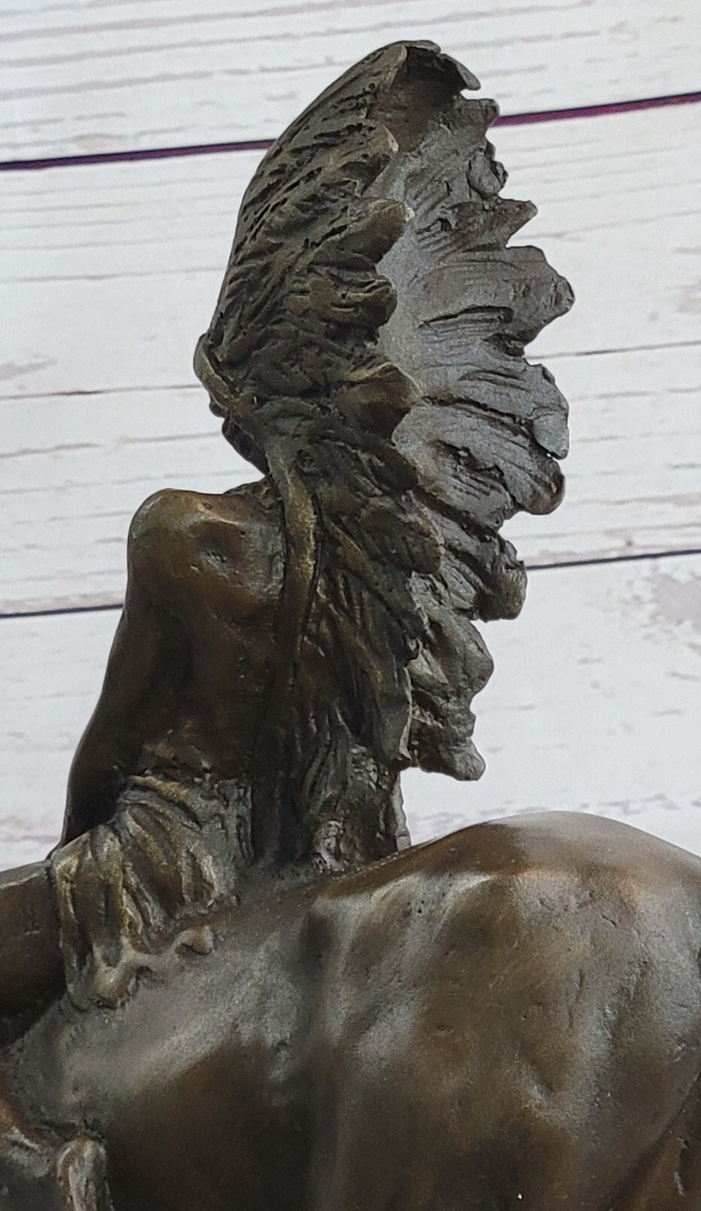 Native American Indian on Horseback Bronze Sculpture on Marble Base