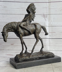 Native American Indian on Horseback Bronze Sculpture on Marble Base