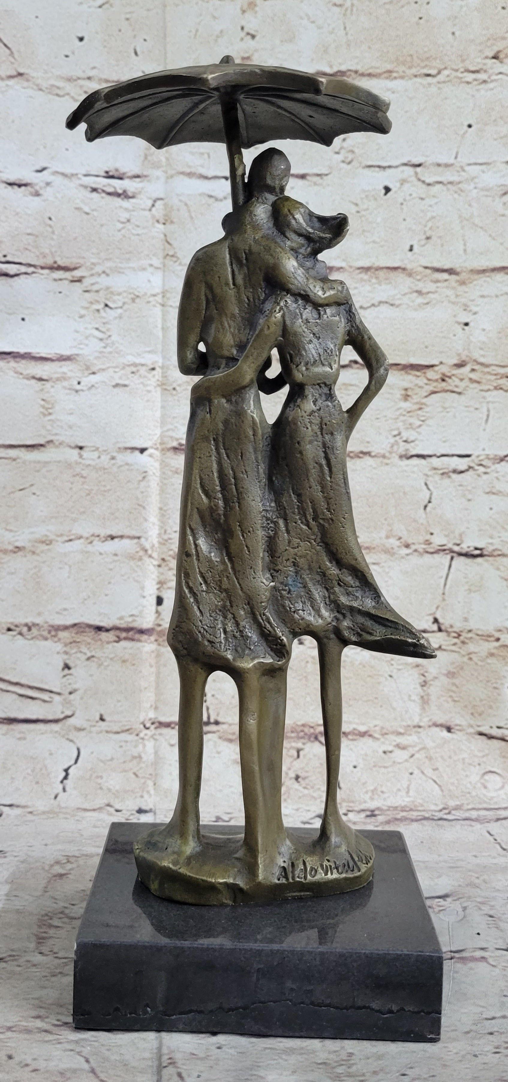 Signed Aldo Vitaleh Two Lovers in Rain Bronze Sculpture