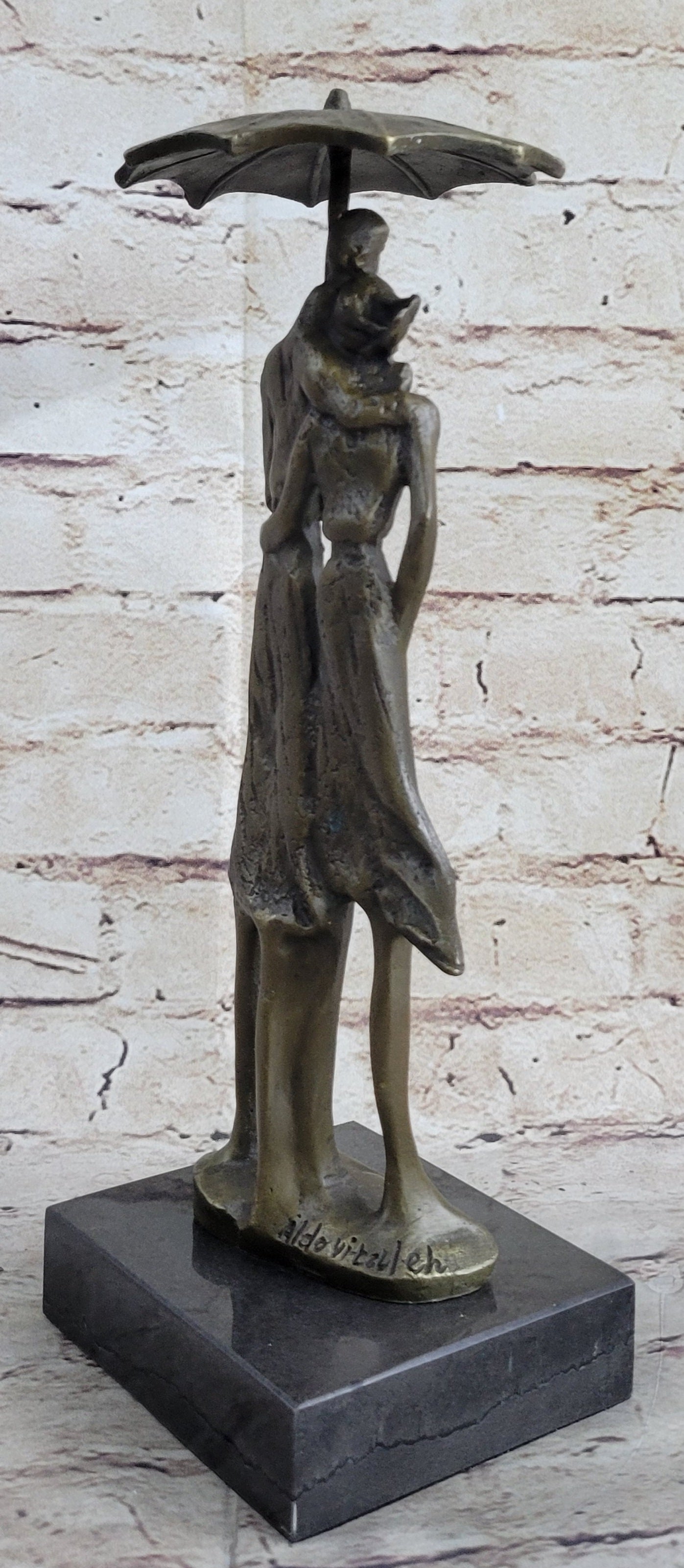 Signed Aldo Vitaleh Two Lovers in Rain Bronze Sculpture