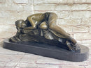 Girl Sleeping on Rock Semi Nude Bronze Figure Sculpture Art 7" x 16"