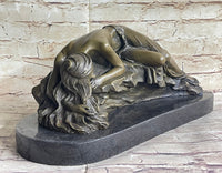 Girl Sleeping on Rock Semi Nude Bronze Figure Sculpture Art 7" x 16"