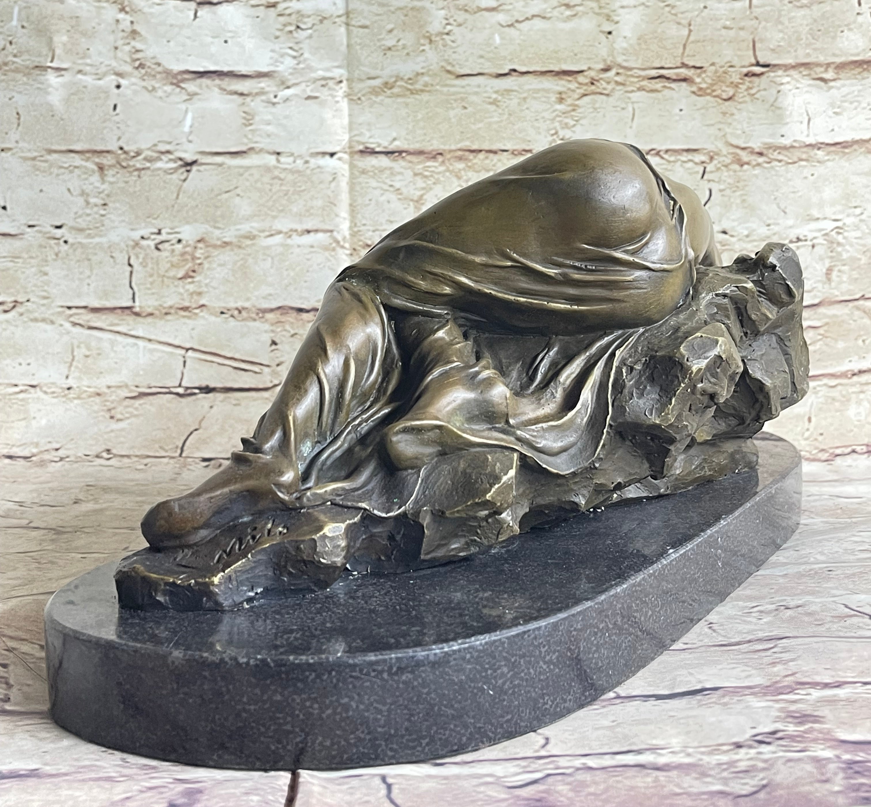 Girl Sleeping on Rock Semi Nude Bronze Figure Sculpture Art 7" x 16"