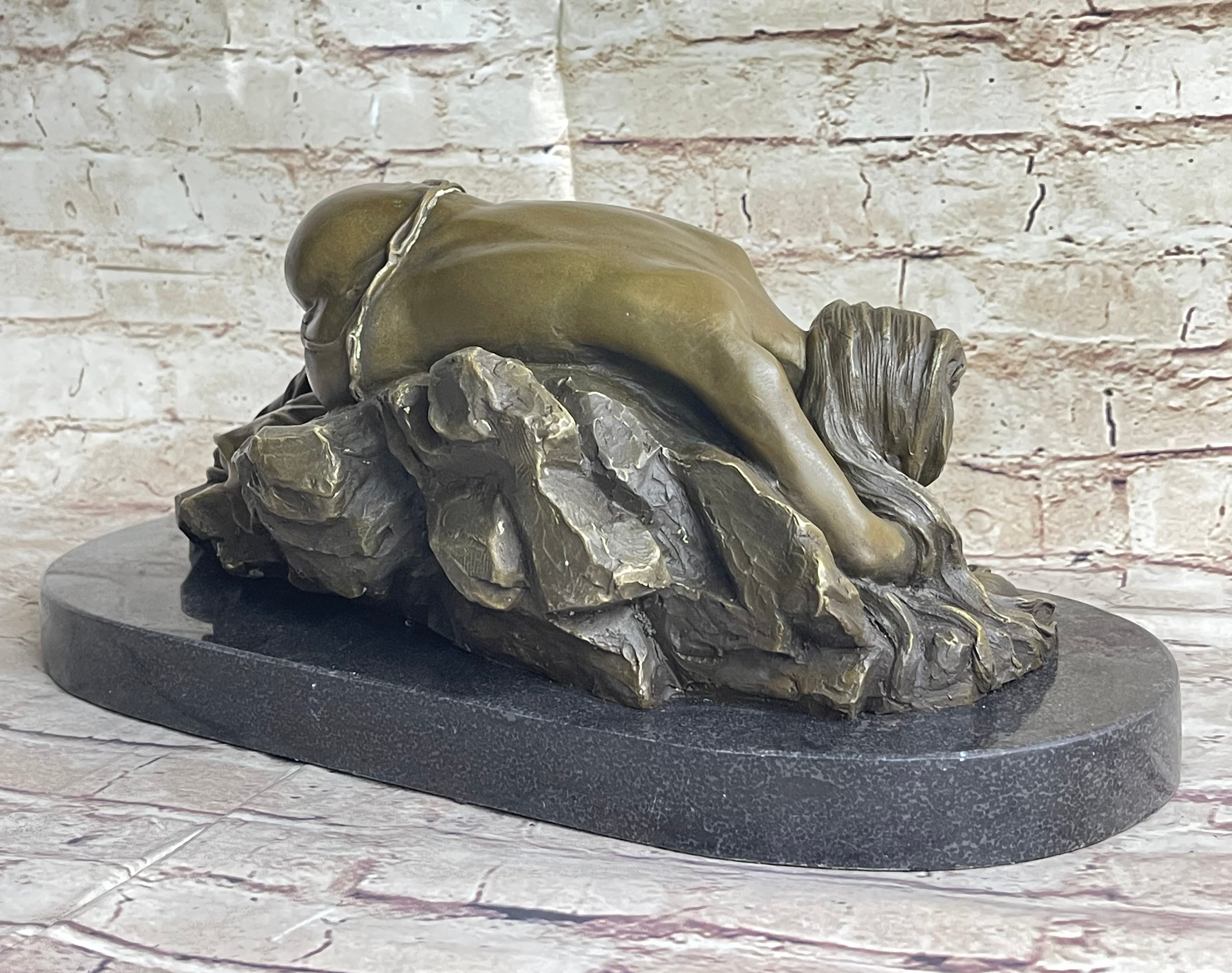 Girl Sleeping on Rock Semi Nude Bronze Figure Sculpture Art 7" x 16"