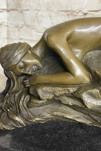 Girl Sleeping on Rock Semi Nude Bronze Figure Sculpture Art 7" x 16"