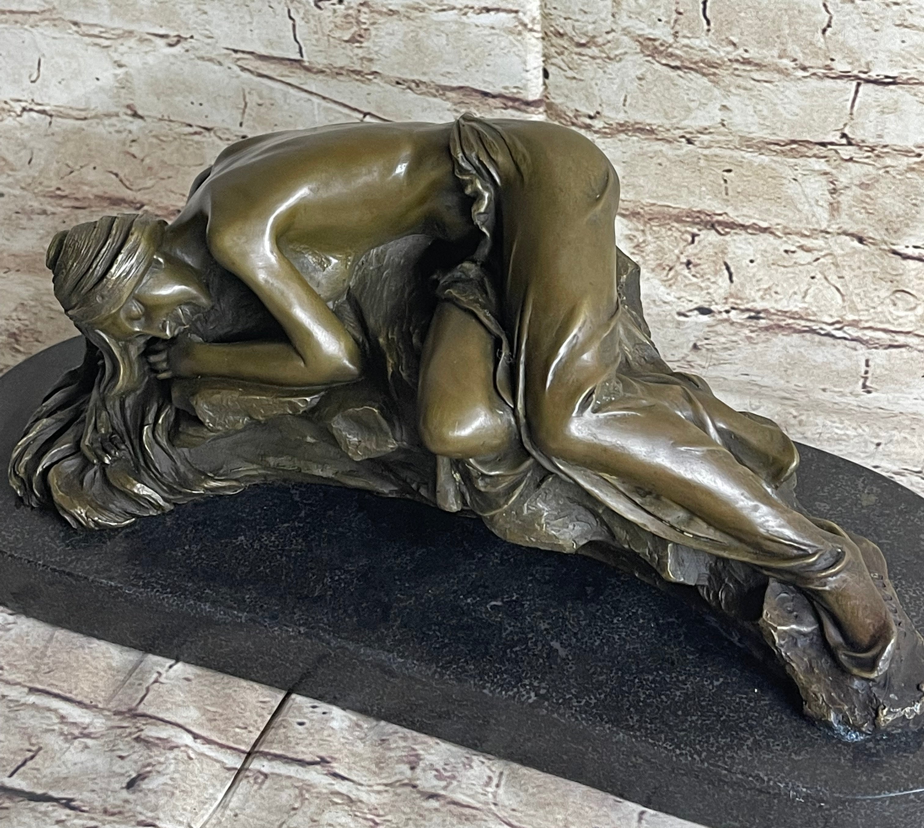 Girl Sleeping on Rock Semi Nude Bronze Figure Sculpture Art 7" x 16"