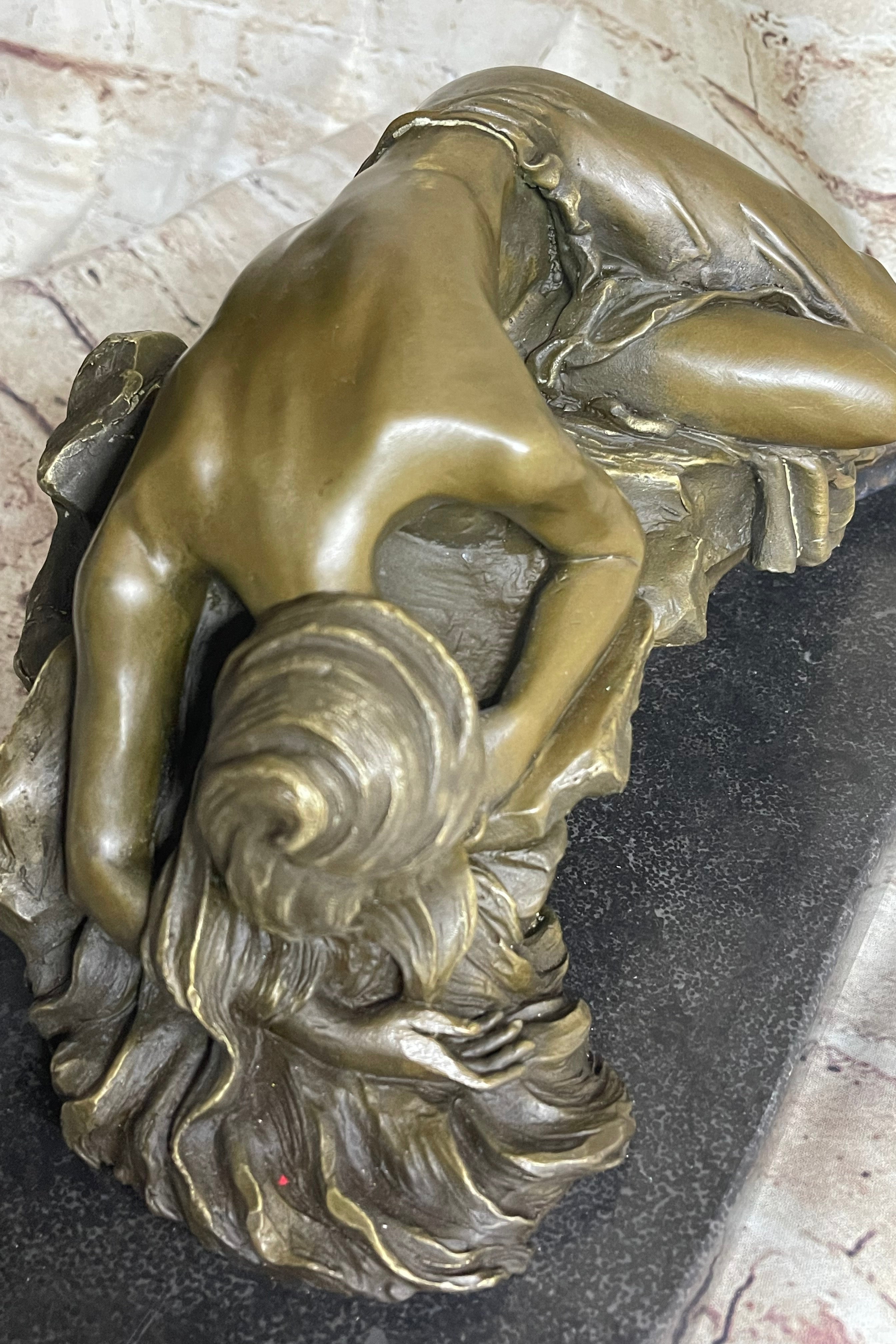 Girl Sleeping on Rock Semi Nude Bronze Figure Sculpture Art 7" x 16"