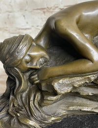Girl Sleeping on Rock Semi Nude Bronze Figure Sculpture Art 7" x 16"