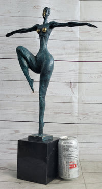 Abstract Surrealist Nude Female Figure Dancer Bronze Sculpture Statue on Marble Base