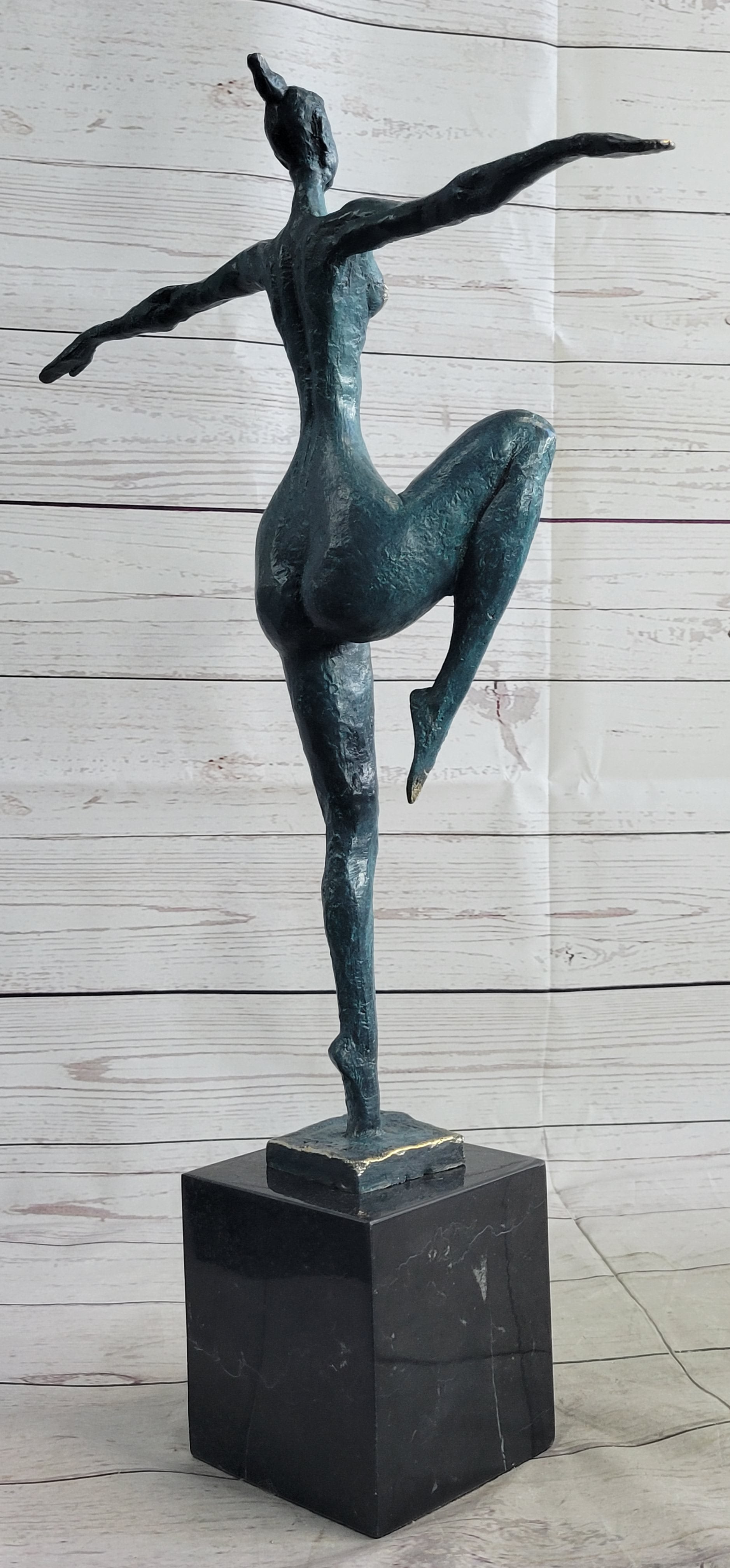 Abstract Surrealist Nude Female Figure Dancer Bronze Sculpture Statue on Marble Base
